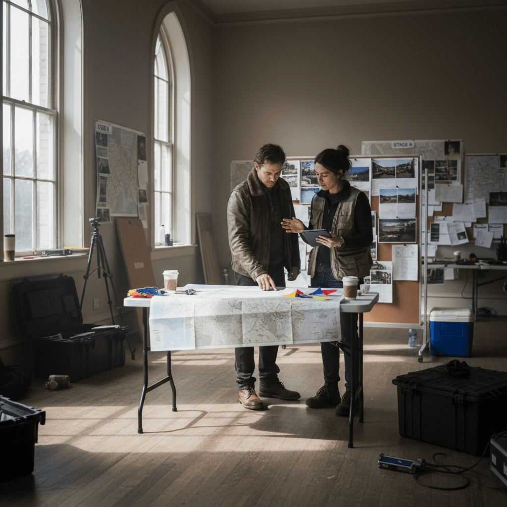 Production team discussing location details during scouting