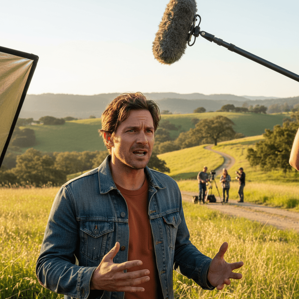 Actor performing on outdoor film location with crew