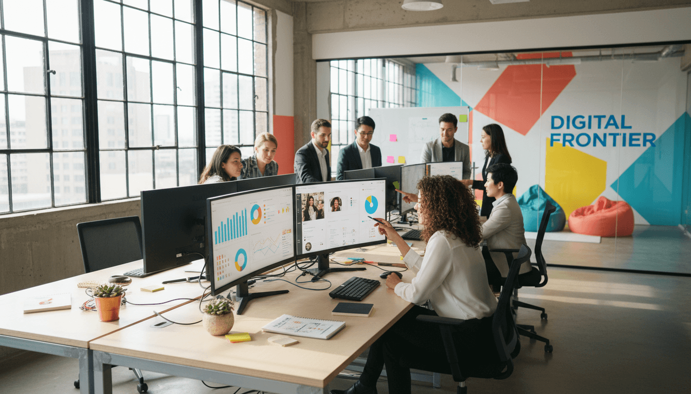 Digital marketing team member working with multiple screens and analytics