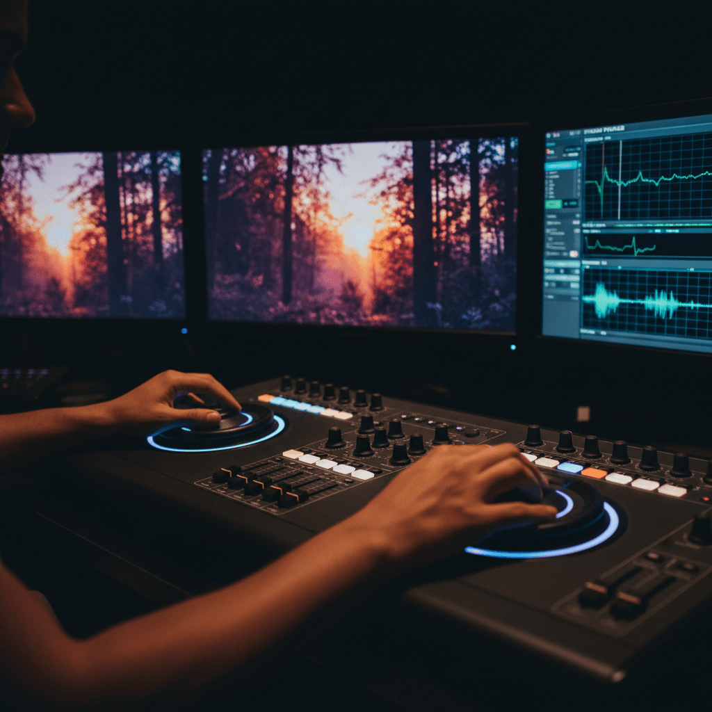Color grading and post-production editing at professional console