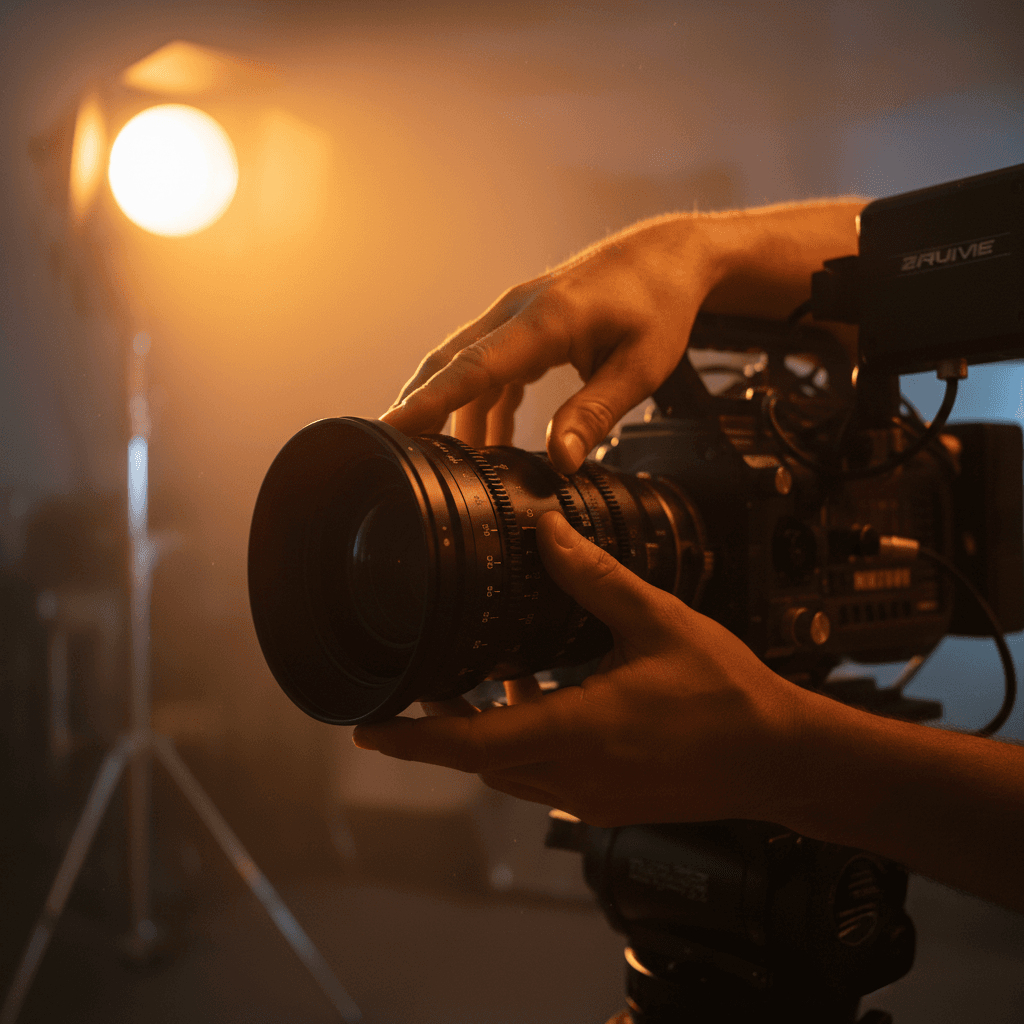 Filmmaker adjusting cinema camera lens with precision
