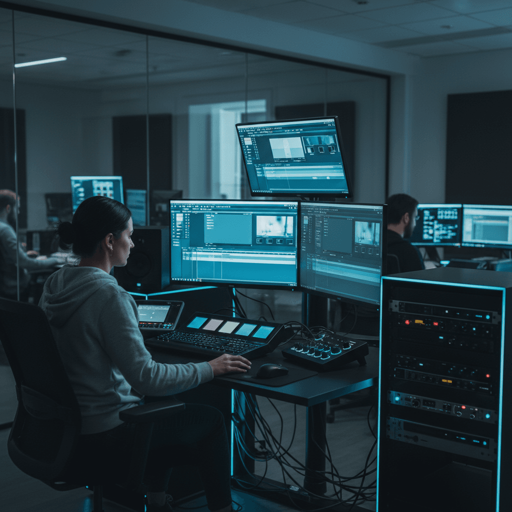 Editor working on multi-monitor workstation in post-production suite