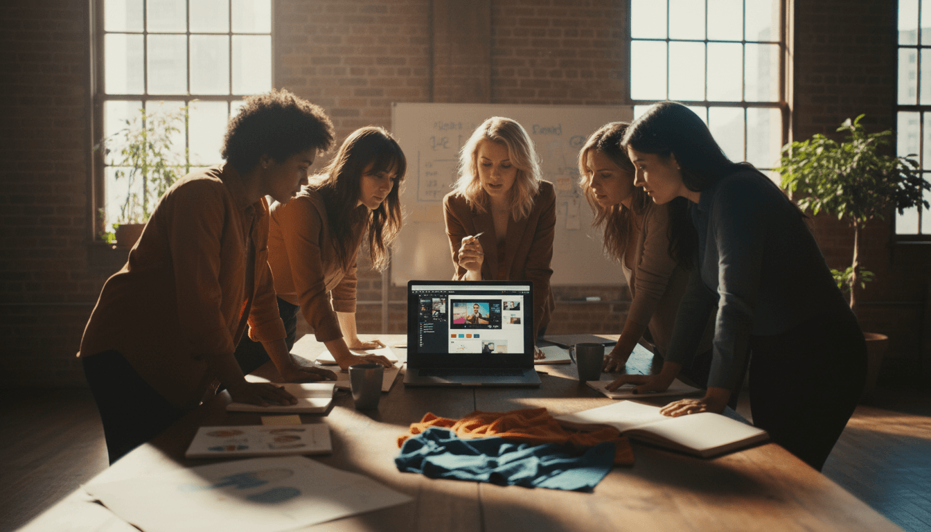 Creative team reviewing digital campaign on laptop during collaboration session