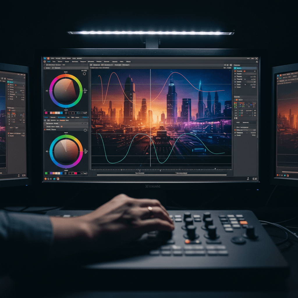 Color grading workstation during post-production editing