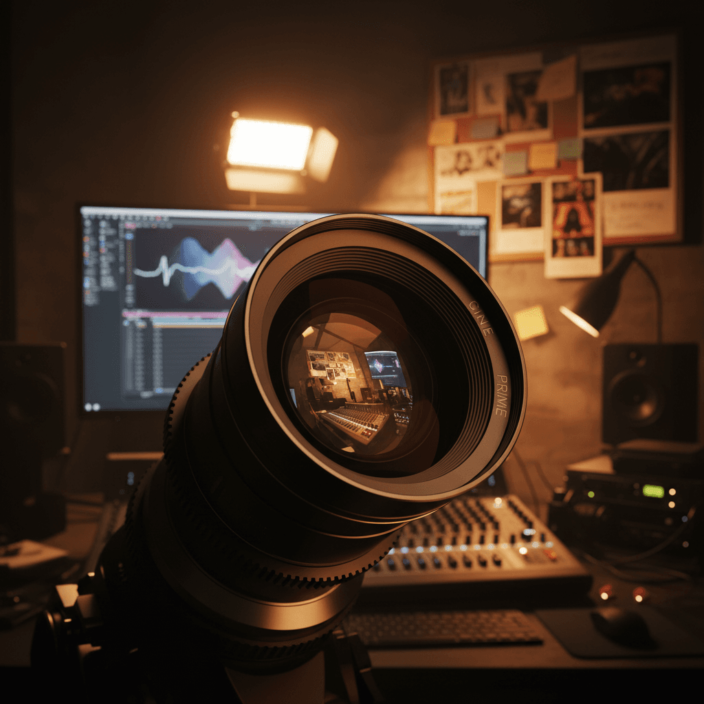 Professional video camera lens with studio lighting reflections