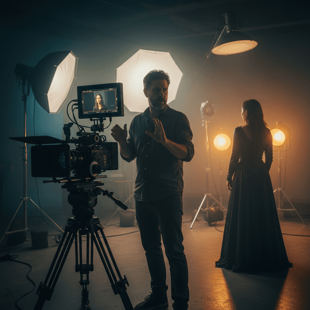 On-set film production with camera and director monitoring