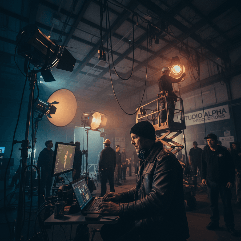 Film director and crew on professional production set
