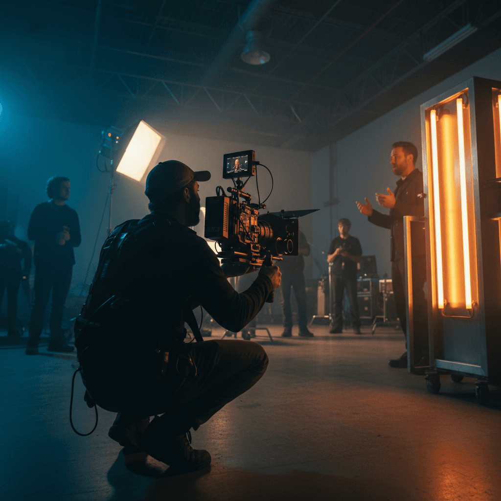Film production crew filming a scene