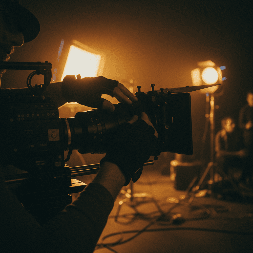 Cinematographer adjusting camera focus on film set