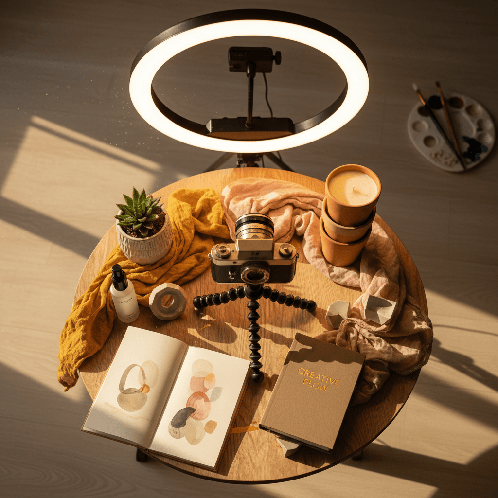 Content creation setup with products and lighting