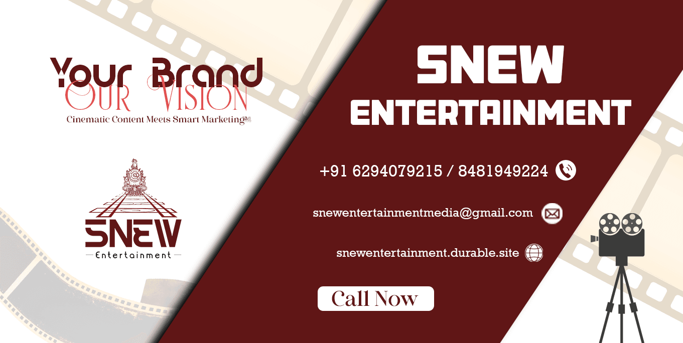 SNEW Entertainment banner: 'Your Brand Our Vision,' contact info, film camera, and train logo.